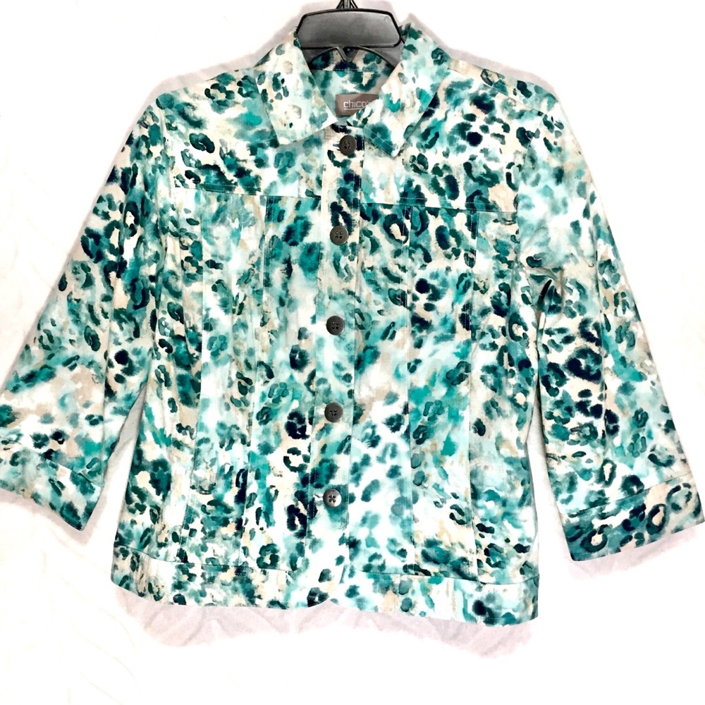 Chico’s Green Cheetah Print Blazer Jacket Lightweight Size 1 Medium women’s